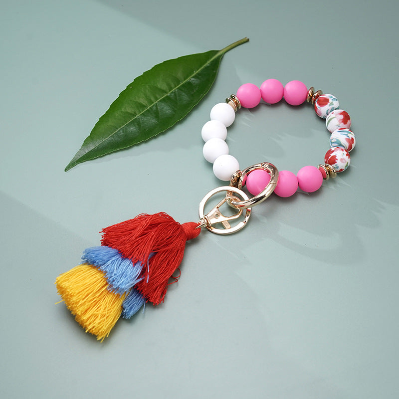 Wholesale Colorful Silicone Beads Three Layers Tassel Beaded Wrist Keychain